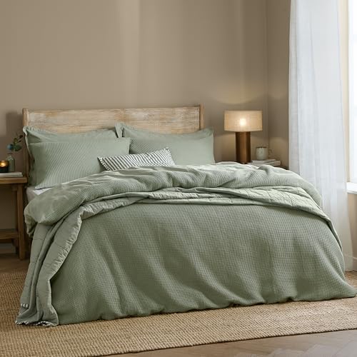 Yard furn Hebden Waffle Duvet Cover Set – Soft Relaxed Cotton Textured Bedding Set (Bay Green – Double)