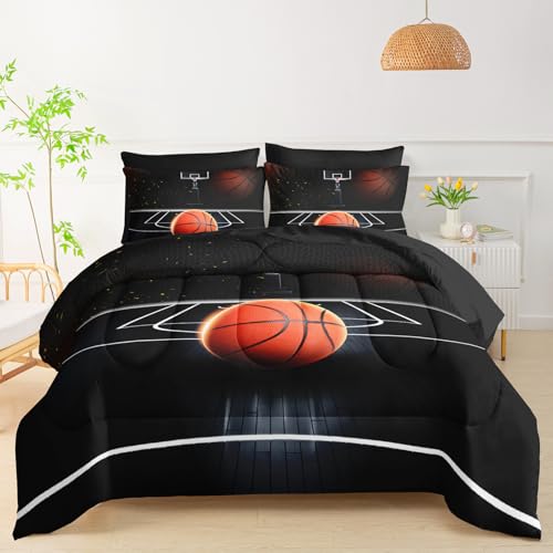 QOOMO Basketball 7 Pieces Comforter Set Queen Size,3D Sports Bedding Set for Kids Teens Girls-Include 1 Comforter,1 Fitted Sheet,1 Flat Sheet,2 Printing Pillowcases and 2 Black Pillowcases