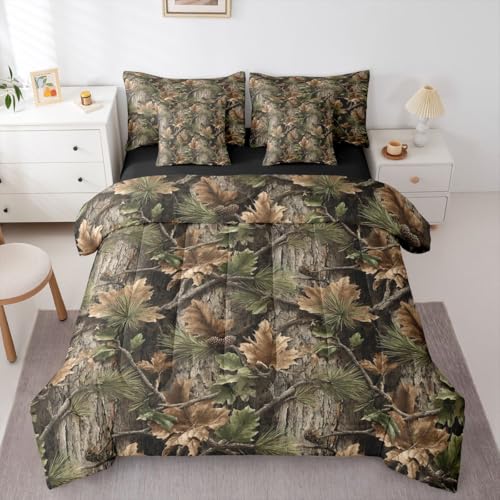 Erosebridal Camo Hunting 7 Piece Bedding Set Full Rustic Camouflage Comforter Set with Sheets Woodland Cabin Tree Leaves Bed in a Bag Camping Farm House Bed Sets Comforter