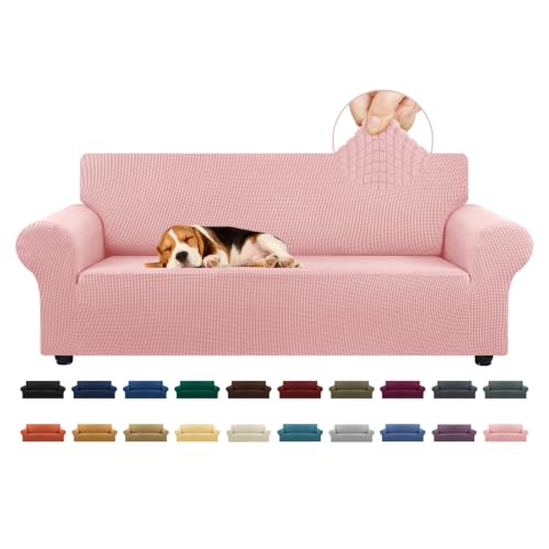 "KEKUOU Stretch Sofa Cover Slipcover ???Couch Covers for 3 Cushion Couch Sofa pet Friendly (79""-94"") Furniture Protector Sofa with Elastic Bottom for Kids,Dog, Jacquard Small Checked(Large,Dusty Pink)"