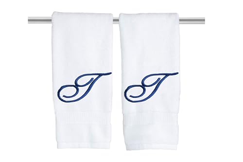 White Monogrammed Hand Towels for Bathroom - Luxury Hotel Quality Personalized Initial Embroidered Towel for Powder Room, Spa - GOTS Organic Certified - Set of 2 Navy Letter T