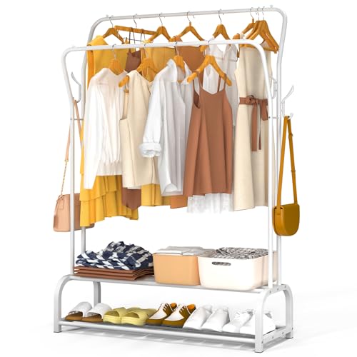 VOUNOT?? Clothes Rail with Double Shoe Shelves and 4 Side Hooks, Metal Open Wardrobe, Heavy Duty Clothing Rack for Bedroom, Dressing Room, and Hallway, 110x35x146cm, White