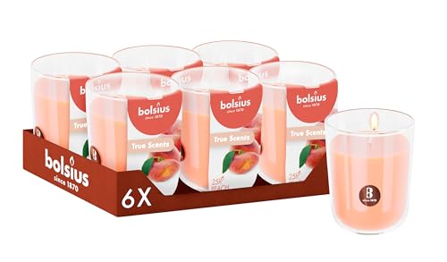 Bolsius - Peach - Orange - Set of 6 Scented Candles - 8 x 7 cm - Burn time: 25 Hours - with Natural extracts - Natural Vegetable Wax - Palm Oil Free