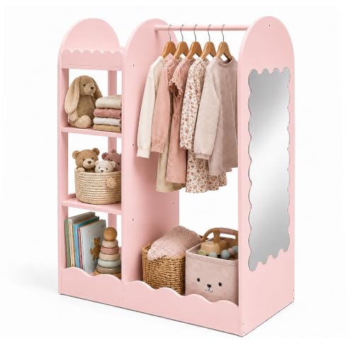 Relaxdays Children’s Wardrobe, Mirror, 5 Compartments, Clothes Rail, Pink