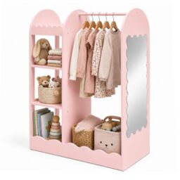Relaxdays Children’s Wardrobe, Mirror, 5 Compartments, Clothes Rail, Pink