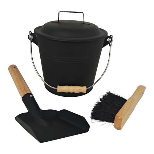 Relaxdays ash bucket with lid, 4.5 litres, incl. ash brush & shovel, with handle, black/natural