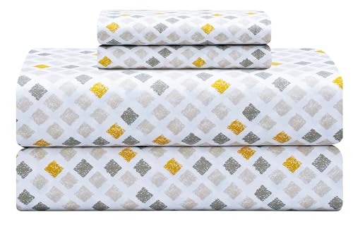 "Feather & Stitch Softest 100% Cotton Sheets, Queen Size Sheet Sets, 4 PC Set, 300 Thread Count Percale Weave Bedding, 16"" Deep Pocket, Cooling Sheets, Breathable Bed Set (Yellow Diamond)"