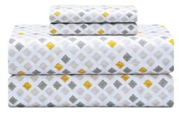 "Feather & Stitch Softest 100% Cotton Sheets, Queen Size Sheet Sets, 4 PC Set, 300 Thread Count Percale Weave Bedding, 16"" Deep Pocket, Cooling Sheets, Breathable Bed Set (Yellow Diamond)"