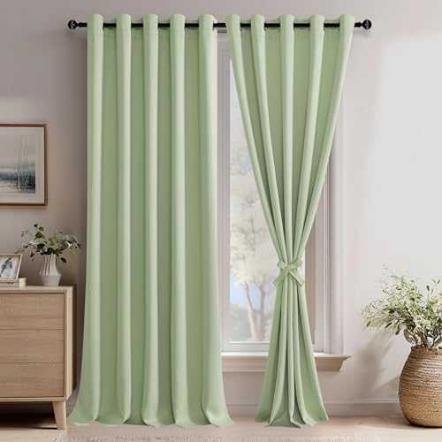 JIUZHEN Light Green Blackout Curtains with Tiebacks Thermal Insulated, Light Blocking and Noise Reducing Grommet Curtains for and Living Room, Set of 2 Window Curtain Panels, 60 x 96 Inch Length