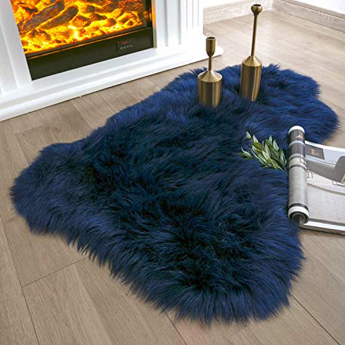 Ashler Home Deco Soft Faux Sheepskin Fur Chair Couch Cover Navy Blue Area Rug for Bedroom Floor Sofa Living Room 2 x 3 Feet