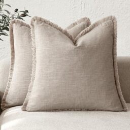 Foindtower Set of 2 Decorative Linen Fringe Throw Pillow Covers Farmhouse Style Cushion Covers with Tassels for Chair Couch Sofa Bed Living Room Indoor 20 x 20 Inch 50 x 50 cm Natural Linen