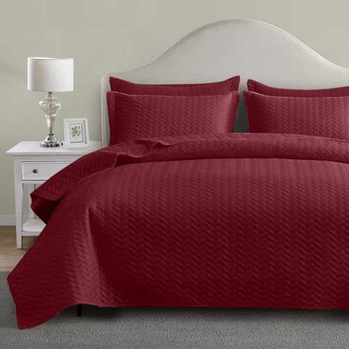 Maple&Stone Burgundy Quilt Set King Size, Lightweight Bedspread - Breathable Coverlet with Chevron Pattern, All-Season Dorm Bed Cover Set Bedding Decor 3 Piece