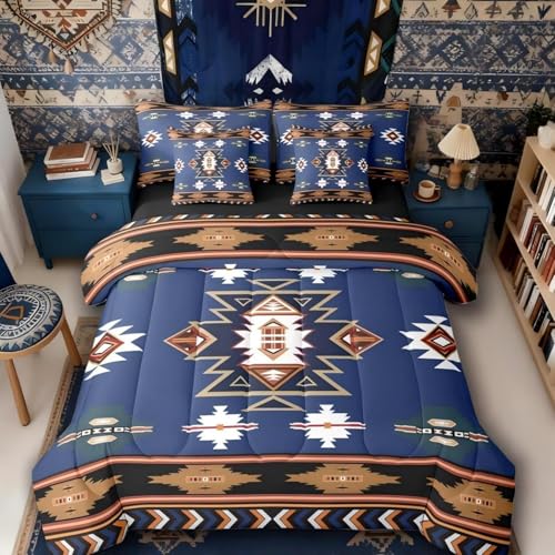 Erosebridal Western 7 Piece Comforter Set Full Bed in a Bag - Bohemian Decor Geometric Bedding Sets Boho Aztec Comforter and Sheet Set, Ethnic Tribal Arrow Bed Sets,Blue