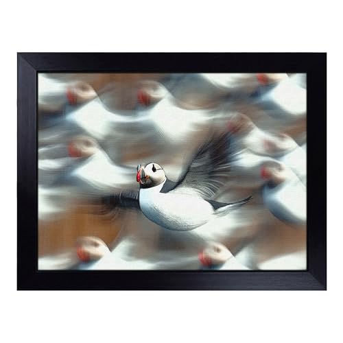 Lap Tray with Bean Bag Cushion, Puffin Flying - Handmade in the UK, Raised Wooden Edge, Padded Cushion, Heat-Resistant Wipe-Clean Surface, for Meals, Laptops and Crafts