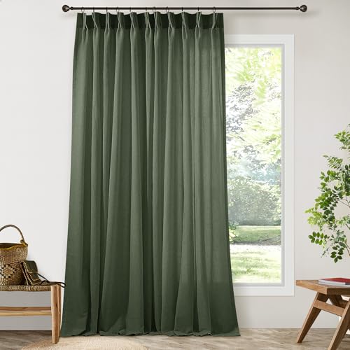 DUKIYO Pinch Pleated Extra Wide Curtain Panels 90 Inches Long 72 Wide Linen - Semi Sheer Drapes, for Living Room Patio Sliding Glass Door, Olive Green, 72x90 Inch Length Drapes, with Hooks Rings, 1 Panel