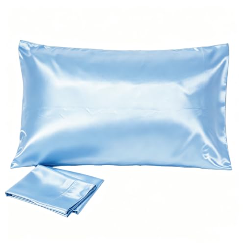 Juwenin Bedding,Luxury Satin Pillowcase with Zipper (Silky Satin Pillow Case for Hair) Set of 2 (Blue, Standard(20''x26''))