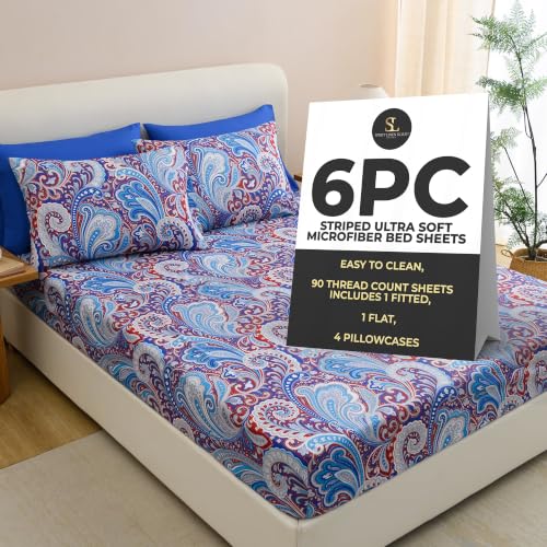 Spirit Linen Home 6-Piece Soft Bed Sheet Set - Queen, Navy Medallion Design - Deep Pocket Soft and Breathable Microfiber Material Bed Sheets with 1 Fitted Sheet, 1 Flat Sheet, and 4 Pillowcases included