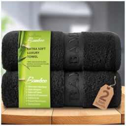 GC GAVENO CAVAILIA Large Bath Towel Bamboo Towels 2 Pack (70x120cm) - Highly Absorbent Quick Dry Towels (40% Cotton, 60% Bamboo) - Washable Bathroom Towel Black - 500 GSM