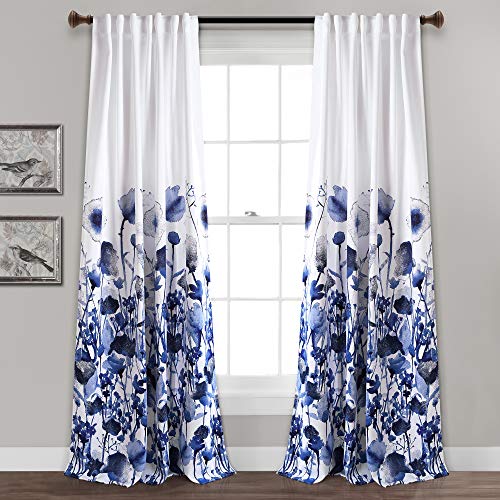 "Lush Decor Zuri Flora Curtains Room Darkening Window Panel Set for Living, Dining, Bedroom (Pair), Navy, Polyester, 52"" W x 95"" L"