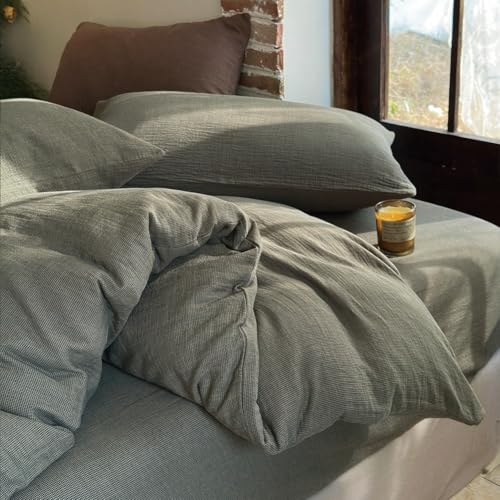 NSNLGSGC 100% Muslin Cotton Duvet Cover, Dark Green Checked, Twin - Textured, 2-Layer Small Gingham Checked, Lightweight and Breathable, Linen Like Gauze Comforter Cover Set