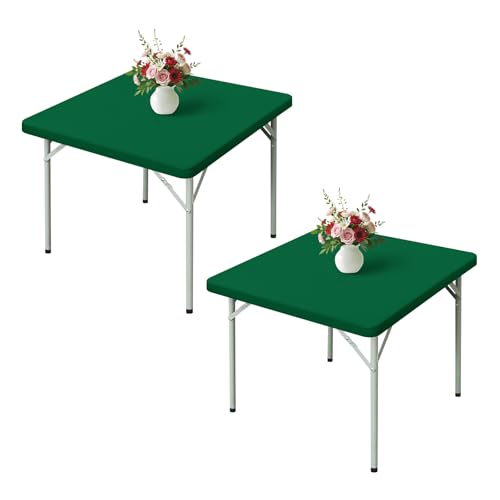 Wolkemer 2 Pack Green Fitted Tablecloth 34x34 Inch Square Elastic Edges Table Cloth, Spandex Stretch Table Cover with Machine Washable Fabric for Wedding Party Picnic Dining Indoor Outdoor