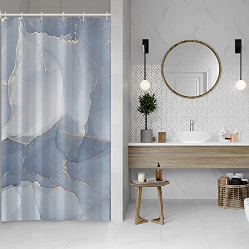AWERT Small Half Size Stall Shower Curtain with 6 Hooks Shower Stall Curtain 36 x 72 Light Blue Marble Gold 36 inch Shower Curtain for Bathroom/RV and Camper (Blue Marble)