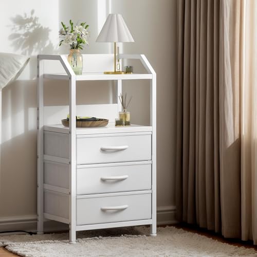 Feonase Bedside Table with 3 Fabric Drawers and Open Shelf,Side Table with Wood Top and Metal Frame,Modern Nightstand End Table,Small Table for Bedroom、Living Room and Small Spaces (White)