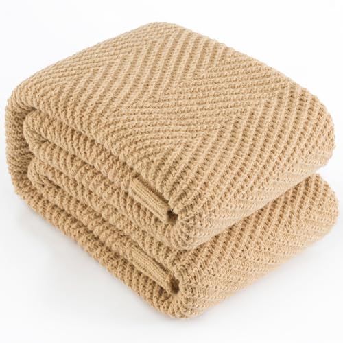 LONG CREATE Knitted Throw Blanket for Couch, 50X60 Chevron Bed Knit Throws - Tan Brown Lightweight Living Room Decor, Super Soft Boho Bedding Blankets, Cozy Herringbone Textured, Chair Sofa Cover