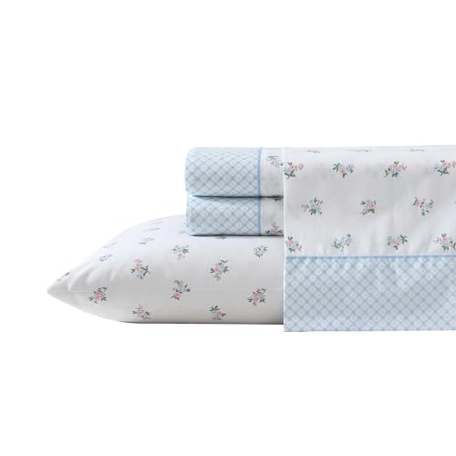 Laura Ashley - Sheet Set, Breathable Percale Cotton Bedding, 200 Thread Count, Deep Pocket, Coquette Room Decor (Harperette Blue, Queen)