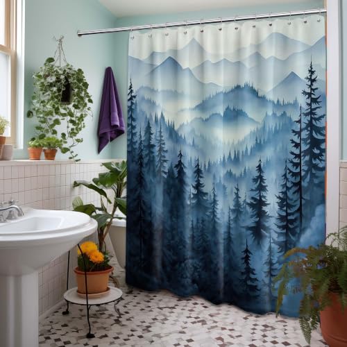 QGHOT Foggy Mountain Shower Curtain Sets, Navy Blue Nature Woodland Forest Cabin Shower Curtains for Bathroom Waterproof Pine Tree Bathroom Decor for Men, Polyester Fabric with Hooks (84x72in)
