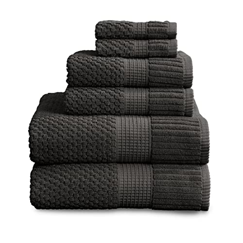 NY Loft 100% Cotton Towel Set 6 Piece - Super Soft & Absorbent Quick-Dry 2 Bath Towels 2 Hand Towels and 2 Washcloths -Textured and Durable Cotton - Trinity Collection (6 Piece Set, Dark Grey)