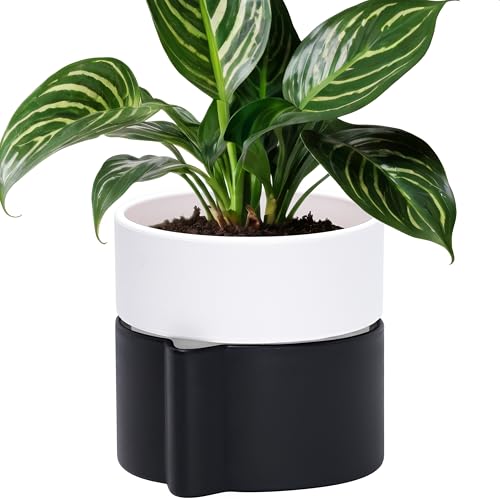 6.5 Inch Self-Watering Planter Pot with Terracotta Insert, Deep Water Reservoir, and Ceramic-Alike BPA-Free Plastic Planter Pot for Plant, Modern Planter for Houseplants, Black/White, 53-C-S-7