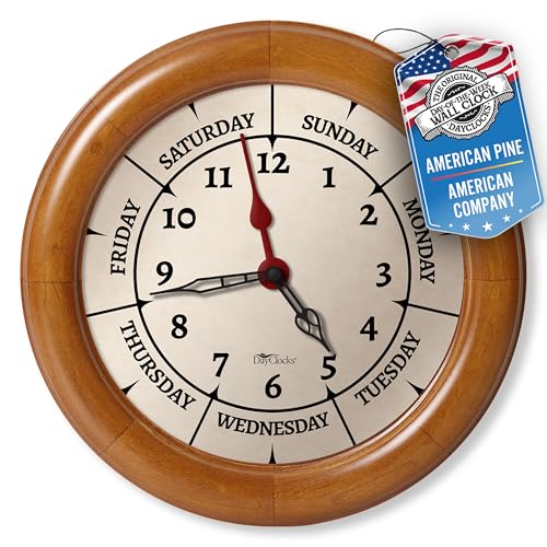"DayClocks Time & Week-Day Wall Clock with Solid Wood Frame – Weekly Analog Clock with Days, Hours & Minutes – Quiet Wall Mounted Clock - Ideal Retirement Gift for Men & Women, Pine Wood, 10"""