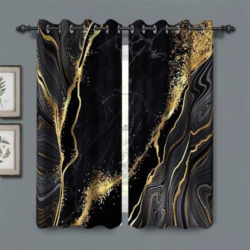 Baocicco Black Gold Marble Window Curtains for Bedroom Art Fluid Golden Texture Marble Window Drapes for Living Room Luxury Gold Modern Design Grommets Marble Blackout Curtain 2 Panels W21xL45 Inch