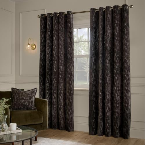 Paoletti Aurelio Eyelet Curtain Pair (Charcoal - 117x137cm) - Woven Jacquard Chenille Soft Texture Abstract Room Darkening Lined Curtains