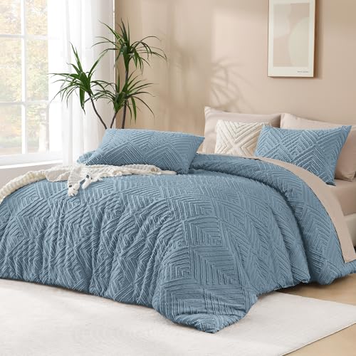 Andency Grayish Blue Comforter Set King Size, 3 Pieces Boho Bedding Set & Collections, Farmhouse Tufted Fluffy Bedding Comforter Sets for King Bed (1 Comforter 104x90In, 2 Pillowcases)