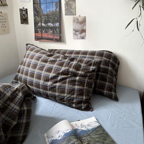 mixinni Queen Size Plaid Pillowcases Set - 2 Pack 100% Cotton Brown & Blue Buffalo Check Pillow Covers with Envelope Closure - Classic Geometric Pattern - Fits Standard/Queen (Pillows Not Included)