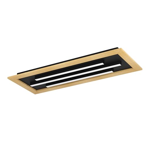 EGLO LED ceiling spot Tirrenara, dimmable ceiling light fitting with remote control, rectangular living room and office lamp made of wood, black metal and white plastic, FSC100HB, warm-cool white