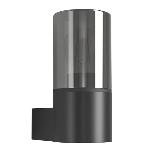 Eglo Outdoor wall lamp Cropani, Front Door and Porch Light with Smoked Glass Cylinder, Black Plastic and Glass, E27 Socket, IP54