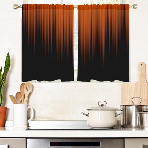 "AAtter Orange and Black Kitchen Curtains, Ombre 27.5"" W x 39"" L, 2 Panels - Terracotta Modern Rod Pocket Drapes, Dark Abstract Striped Style, Trendy Anime Design, Small Short Bathroom Window Tiers"