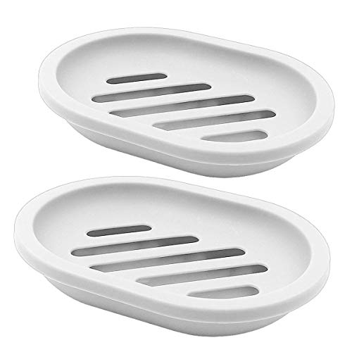 FEIDOL 2 Pack Soap Dish with Water Drainage Design for Drying and Saving Soap, Bathroom Kitchen Sponges Holder (White - Oval)