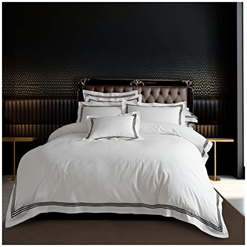 GC GAVENO CAVAILIA Luxury Plain Dyed Duvet Cover, Bordered Striped Polycotton Bedding, King, White/Black