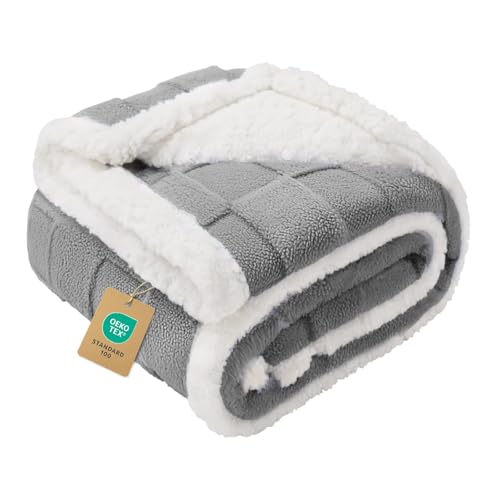 Luciphia Waterproof Dog Blanket for Small Dogs Washable Soft Sherpa Fleece Cat Blankets with 3D Jacquard Cozy Calming Reversible Couch Protector Furniture Protection for Pet, Gray White, 40x28 inch