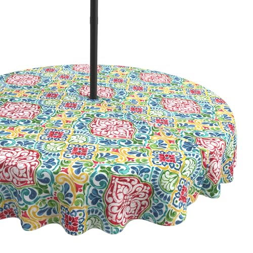 LVTXIII Outdoor Tablecloth with Umbrella Hole and Zipper, 60 Inch Water-Repellent Patio Table Cloth, Round Table Cover for Backyard Garden, Damask Red
