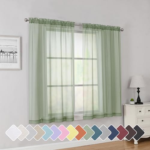 Simplebrand Rod Pocket Top Solid Voile Sheer Curtains for Bedroom, 54 Inch Length Drapes Set of 2, Lightweight and Light Filtering Elegant Sage Curtains Panels Window Treatment, 42W??54L, Sage