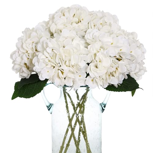 Kimura's Cabin 6pcs Fake White Flowers Artificial Silk Hydrangea Flowers Bouquets Faux Hydrangea Stems for Home Table Centerpieces Wedding Party Decoration (White)