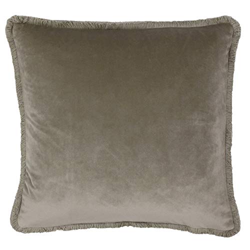 "Riva Paoletti Freya Cushion Cover Taupe Brown Super Soft Velvet Fabric Cotton Fringed Edges Machine Washable 100% Polyester 45 x 45cm (18"" x 18"" inches)"