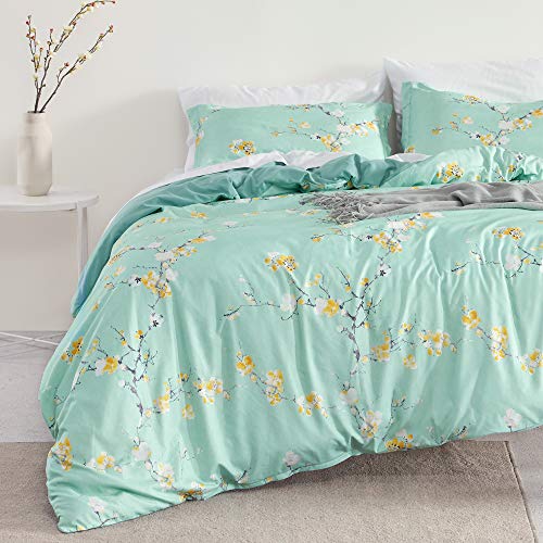 SLEEP ZONE Bedding Duvet Cover Sets Printed Plum Blossom Pattern 120gsm Ultra Soft Zipper Closure Corner Ties, Full/Queen (90x90 inch - 2 Pillow Shams)