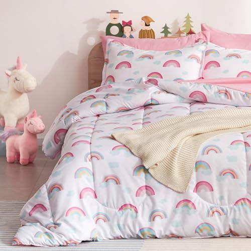 SLEEP ZONE Kids Bedding Comforter Set Full/Queen Size - Super Cute & Soft Kids Bedding Bed in a Bag 7 Pieces Set with Comforter, Sheet, Pillowcase & Sham (Pink Rainbow)