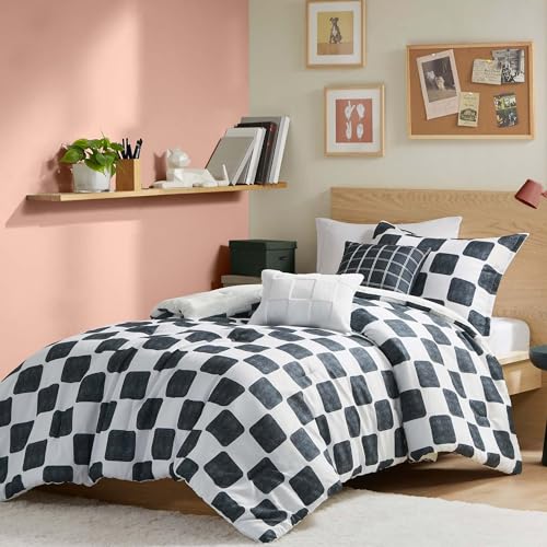 Intelligent Design Twin Comforter Set Chic Black & White Checkered Print Comforter Twin Size, Modern Lightweight All Season Bed Set Twin, Sham, Décor Pillows, Miley, Twin/Twin XL, Black/White 4 Piece